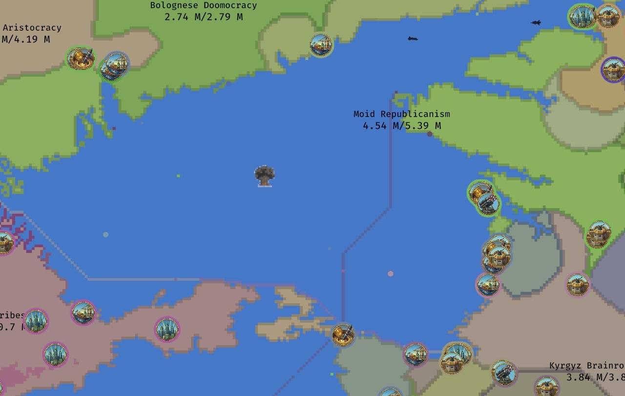 Borderhold gameplay screenshot showing sea lanes, naval forces, and multiple invasions around a contested gulf.
